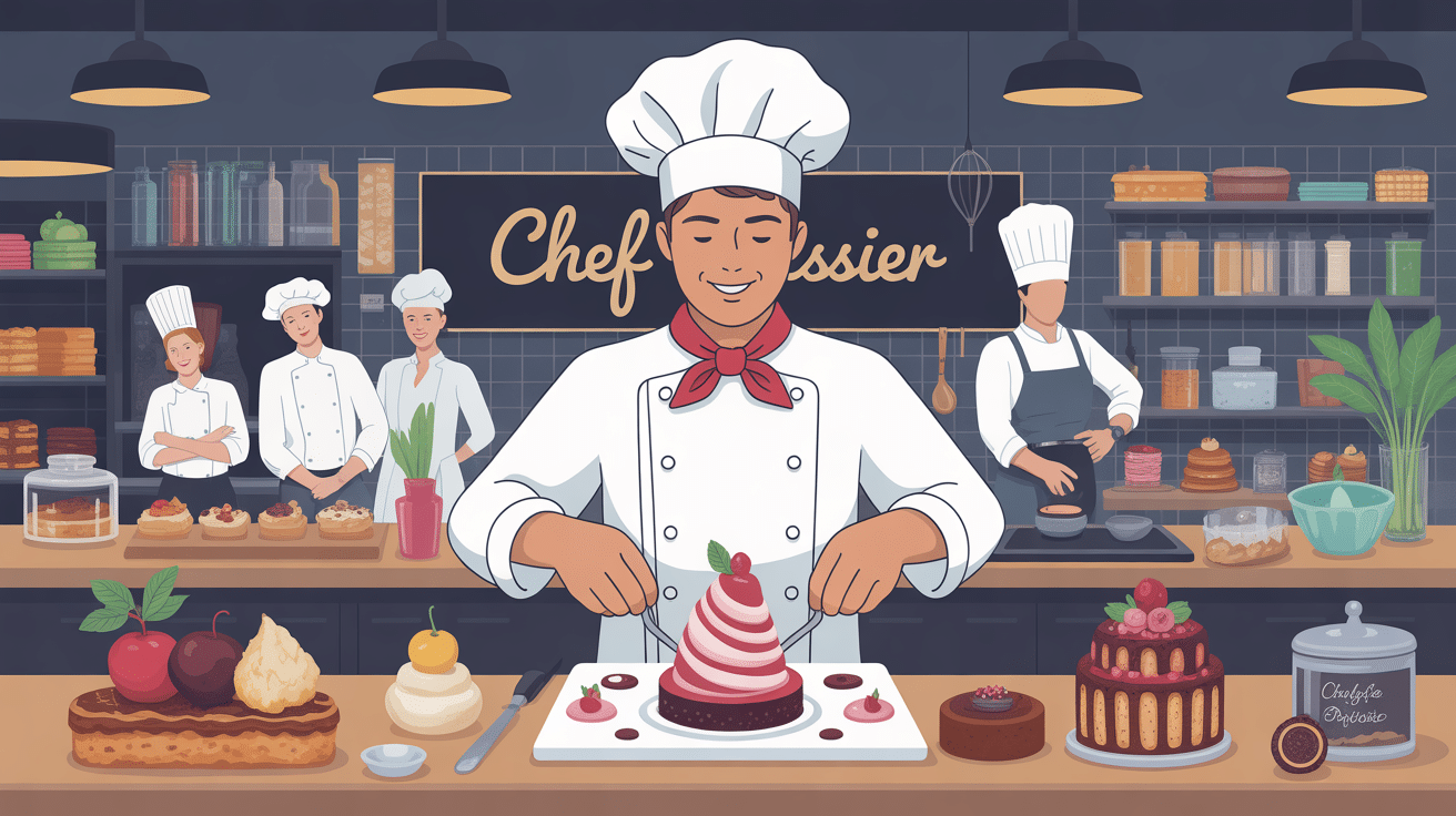 chef patissier moderne préparant dessert créatif