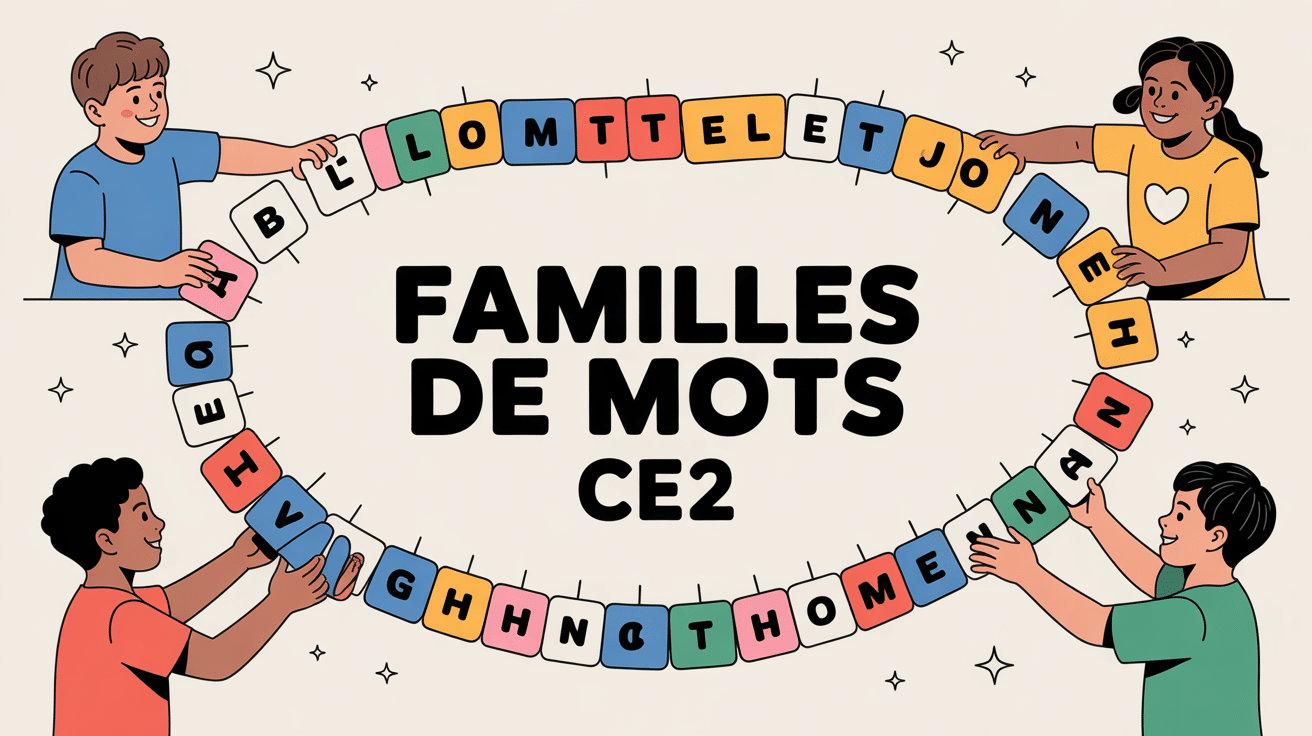 Illustration ludique familles de mots ce2 avec enfants et cartes