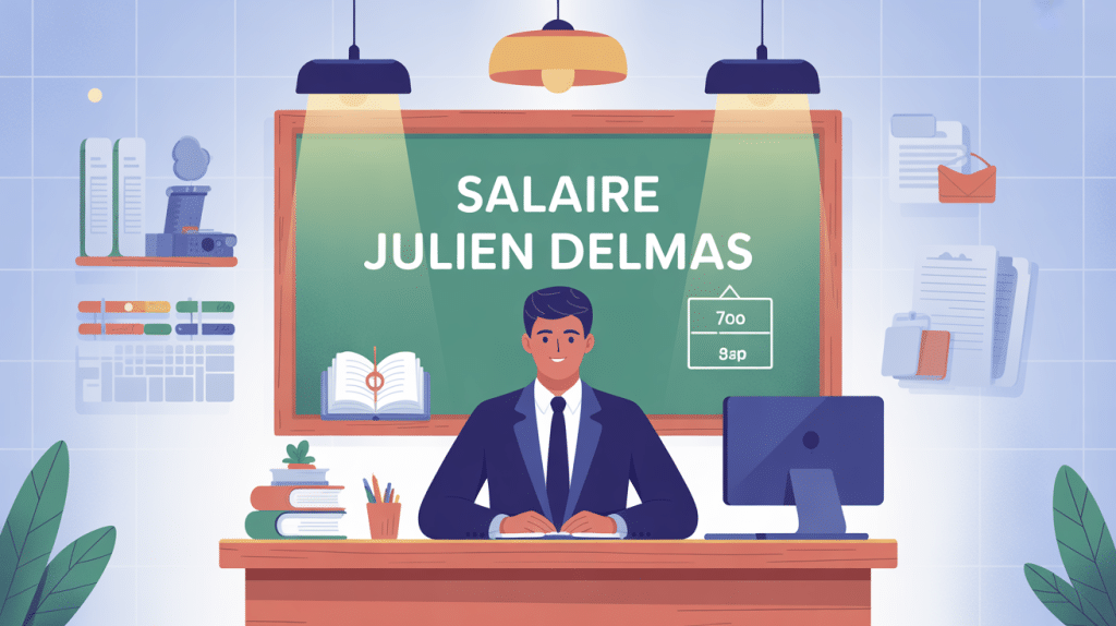 Illustration du salaire Julien Delmas, bureau d’enseignant et fiche de paie