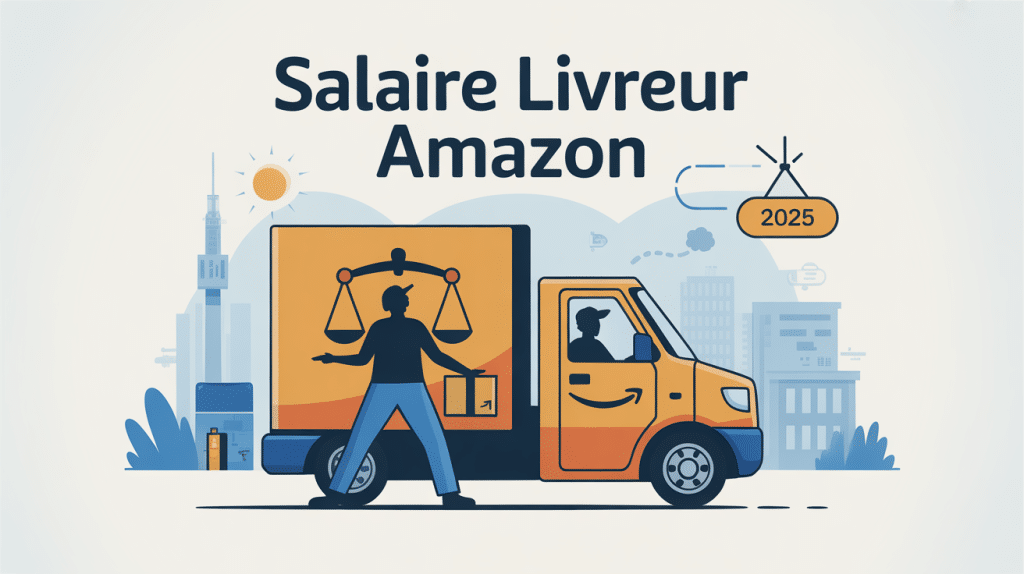 Illustration livreur amazon salaire 2025 devant camionnette et balance