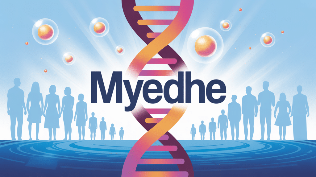 Illustration de la mutation génétique rare myedhe par ADN stylisé et silhouettes familiales