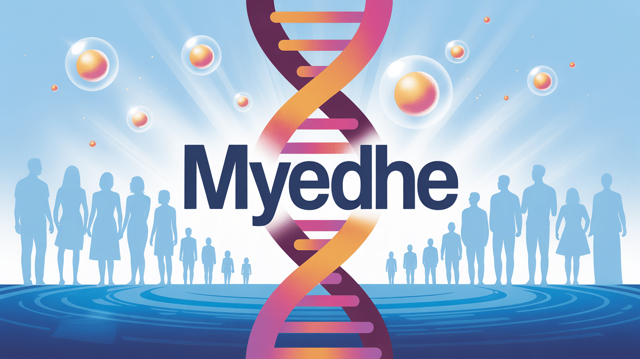 Illustration de la mutation génétique rare myedhe par ADN stylisé et silhouettes familiales