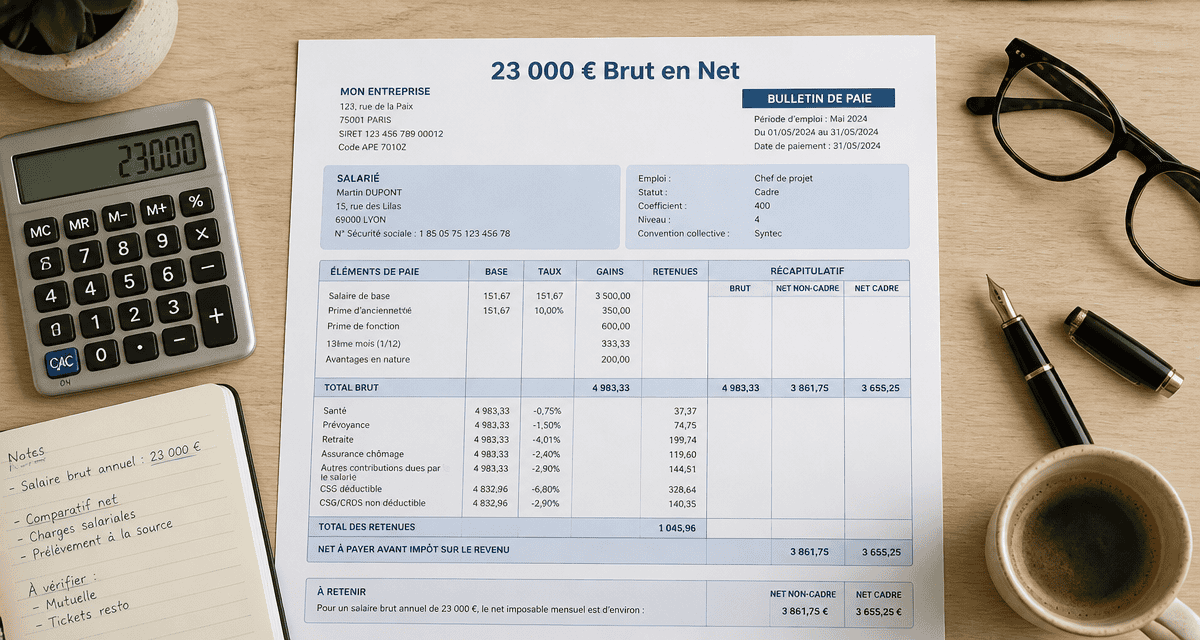 23k brut en net fiche de paie française