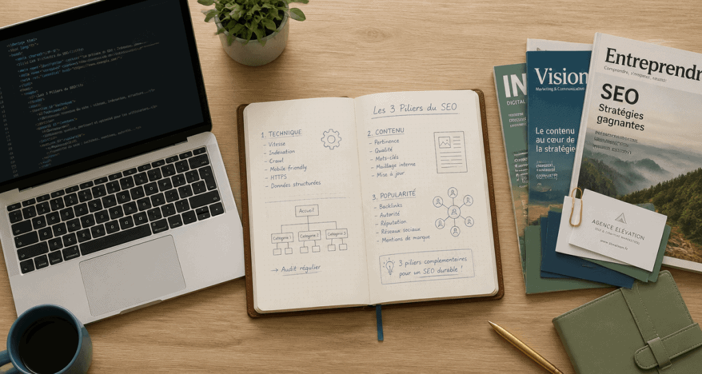 Vue des 3 piliers du SEO sur un bureau