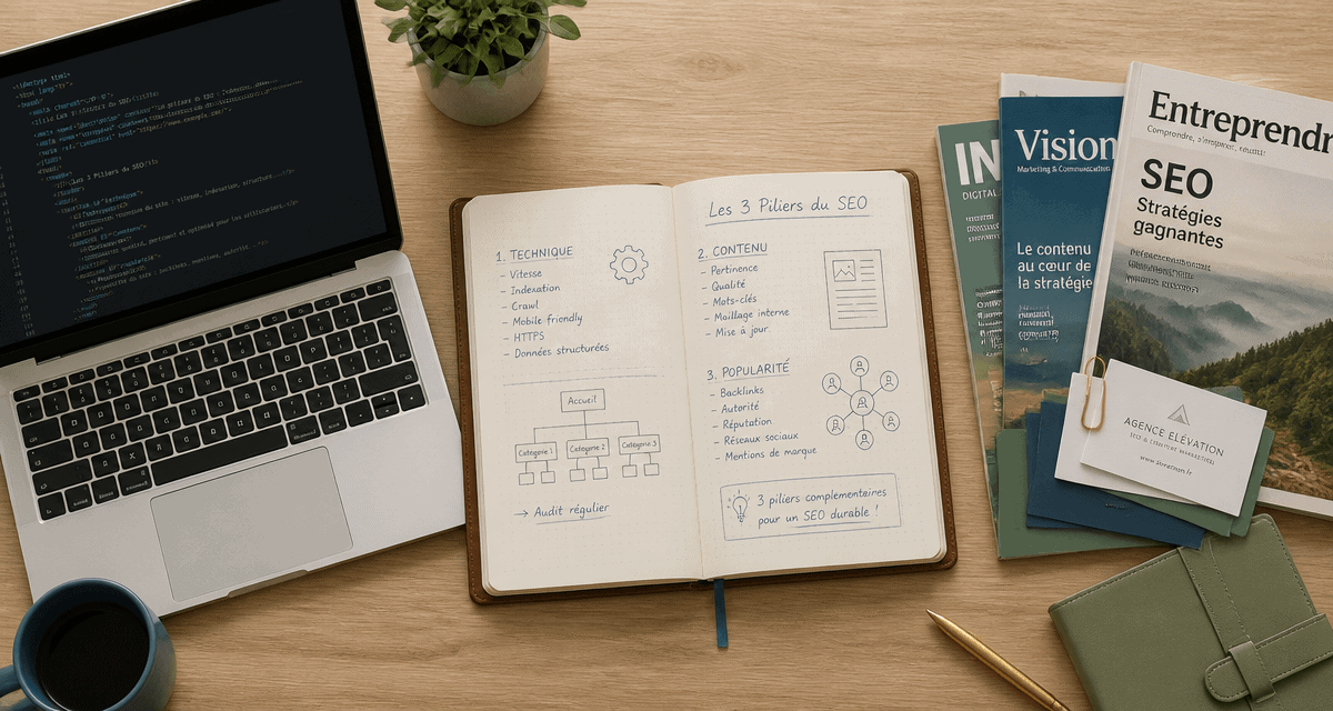 Vue des 3 piliers du SEO sur un bureau
