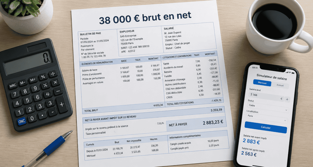 38k brut en net fiche de paie sur bureau