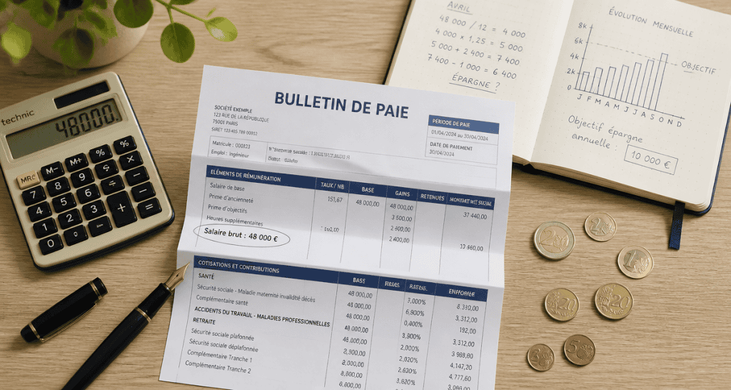 48000 brut en net fiche de paie française