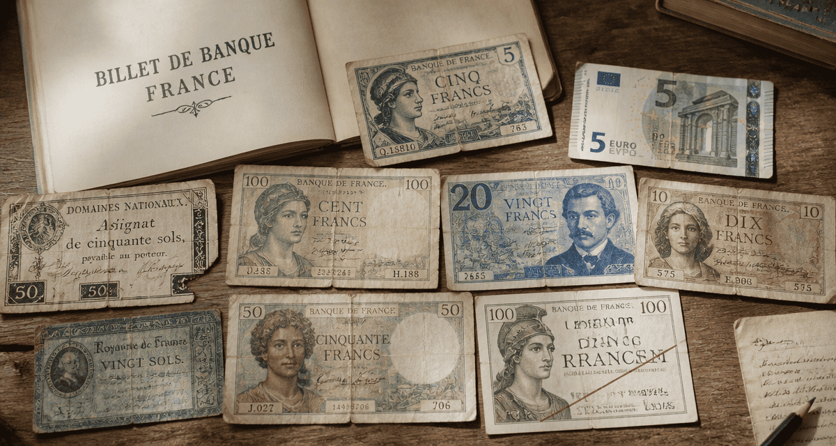billet de banque France anciens et abîmés sur table