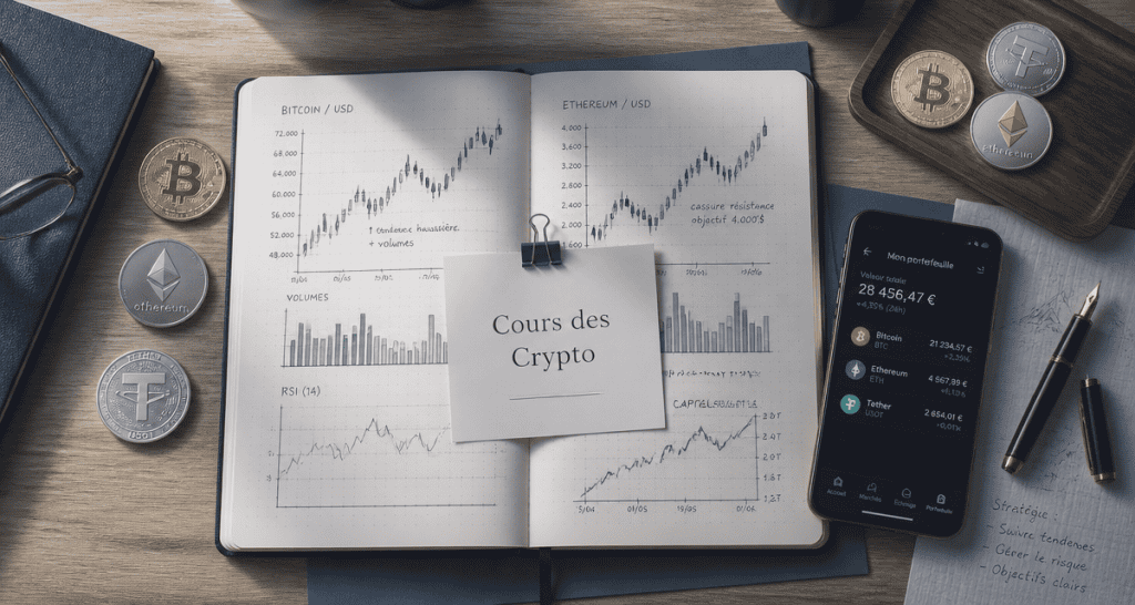 cours des crypto graphiques et pièces sur bureau