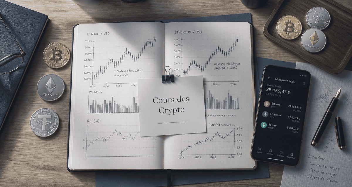 cours des crypto graphiques et pièces sur bureau