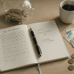 defi economie carnet epargne et tirelire sur bureau