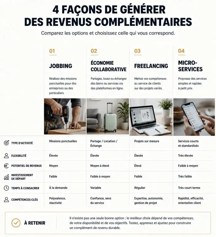 Infographie comparative des solutions pour générer des revenus complémentaires et arrondir ses fins de mois