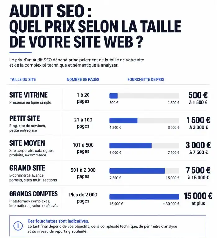 Infographie des prix d'un audit SEO selon la taille du site web