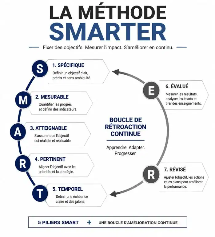 Infographie du cycle de la méthode SMARTER pour la fixation d'objectifs