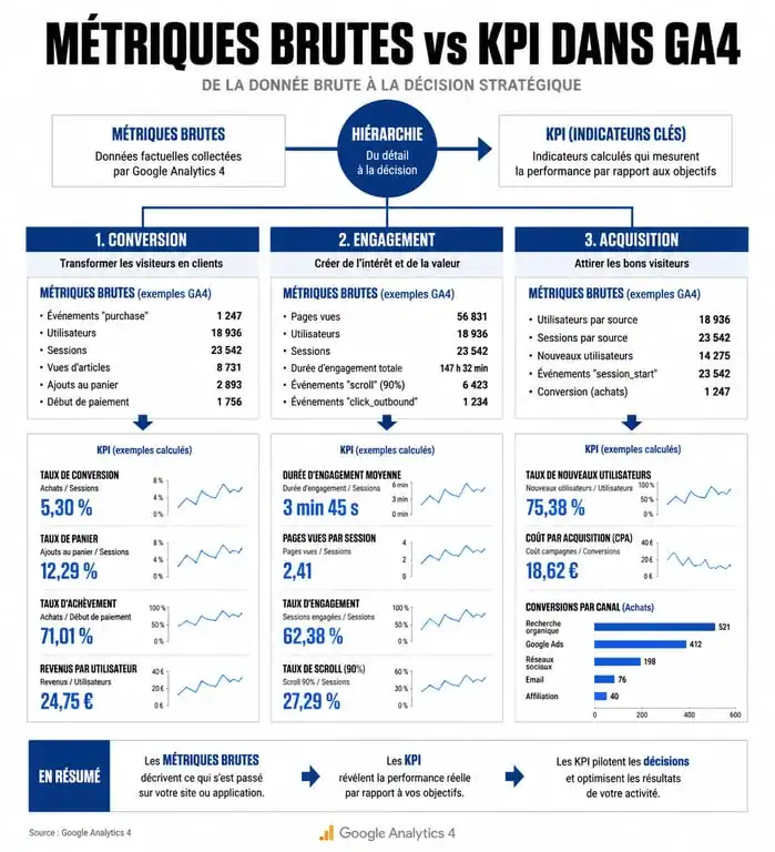 Infographie des KPI Google Analytics 4 : métriques vs indicateurs clés de performance
