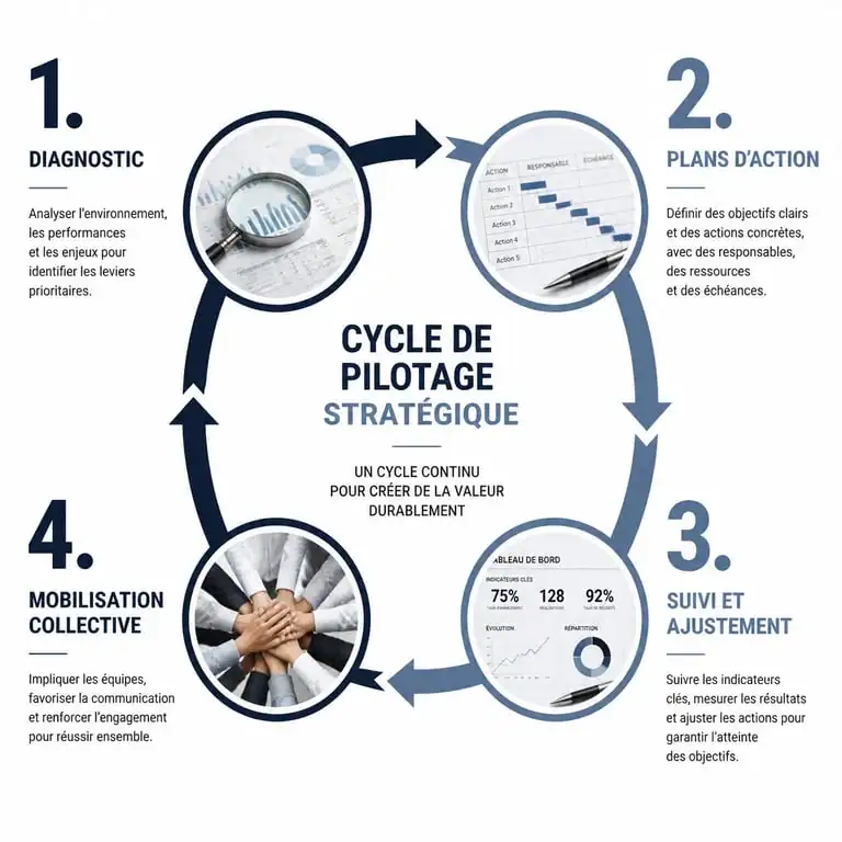 Schéma du cycle de pilotage stratégique en 4 étapes pour la performance d'entreprise