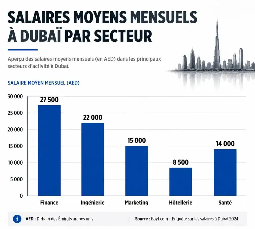 Infographie des salaires moyens par secteur à Dubaï pour comprendre le niveau de salaire a dubai.