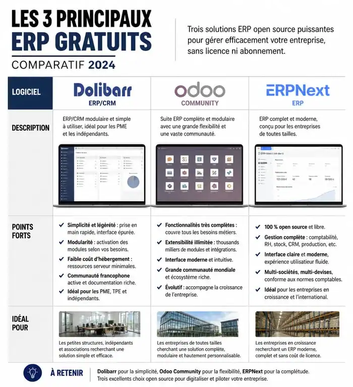 Tableau comparatif des meilleurs logiciels ERP gratuits : Dolibarr, Odoo Community et ERPNext pour la gestion d'entreprise