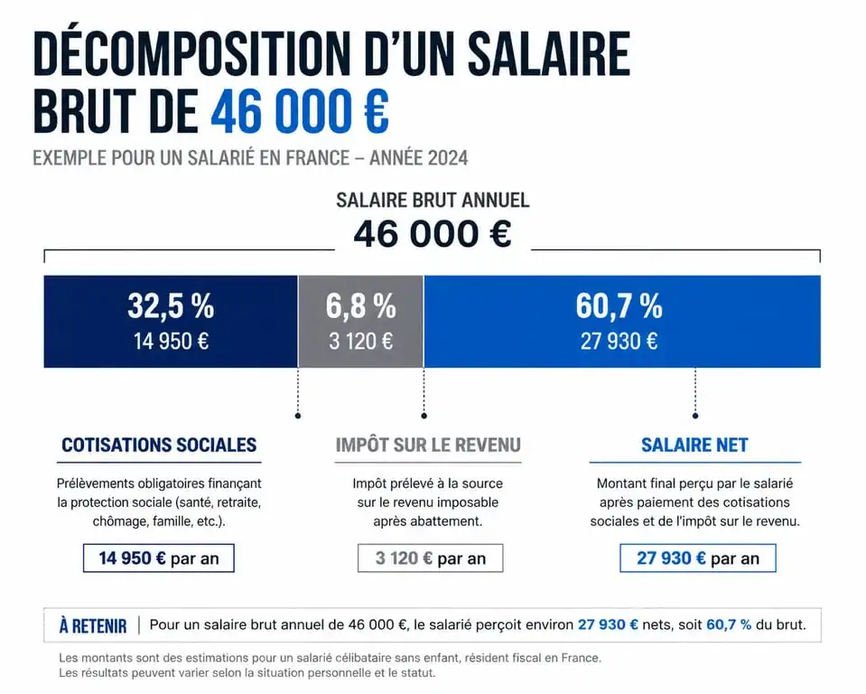 Infographie décomposition salaire 46k brut en net France