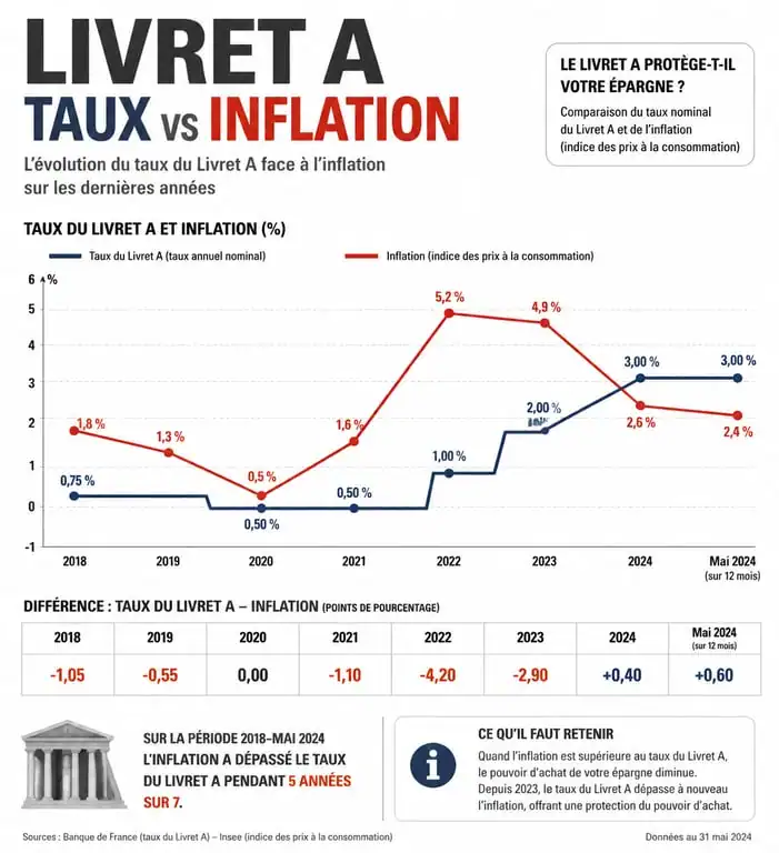 Graphique comparatif du taux du Livret A et de l'inflation pour comprendre le rendement réel de l'épargne