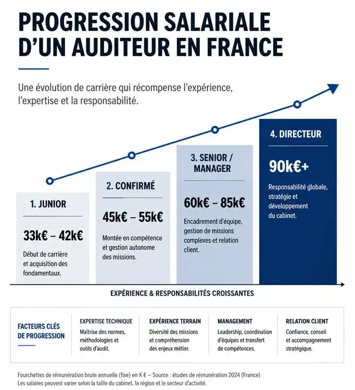Graphique de progression du salaire d'un auditeur en France selon l'expérience