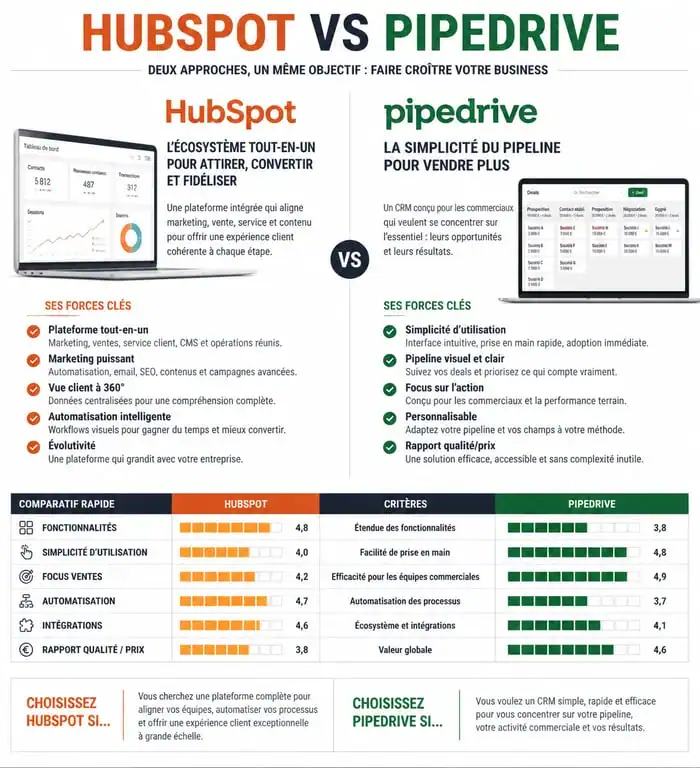 Infographie comparative HubSpot vs Pipedrive pour choisir son CRM