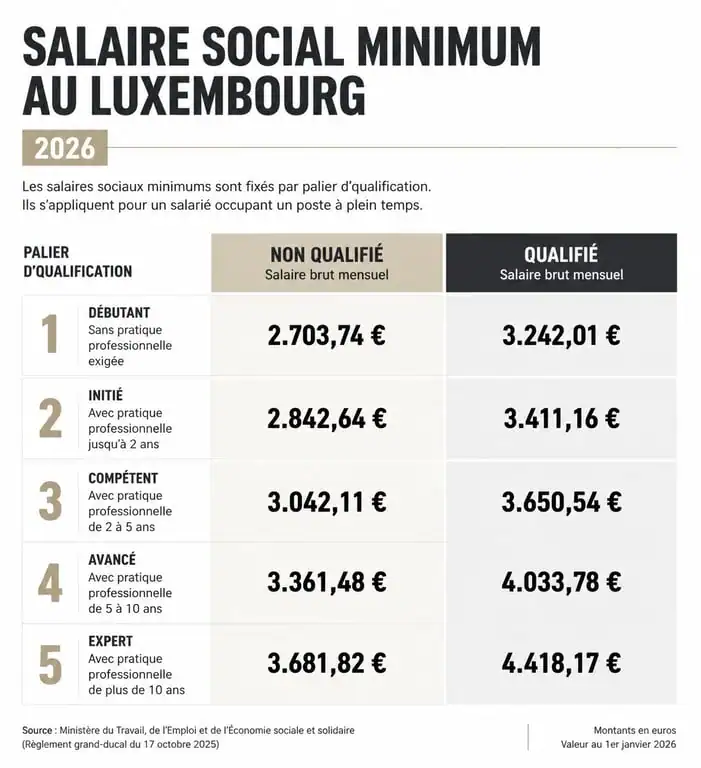 Tableau comparatif des montants du salaire social minimum au Luxembourg pour 2026