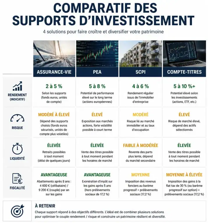 Infographie comparative des supports pour investir 10000 euros
