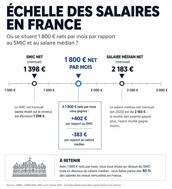 Infographie sur le salaire de 1800 euros net par mois en France et son positionnement sur l'échelle des revenus.