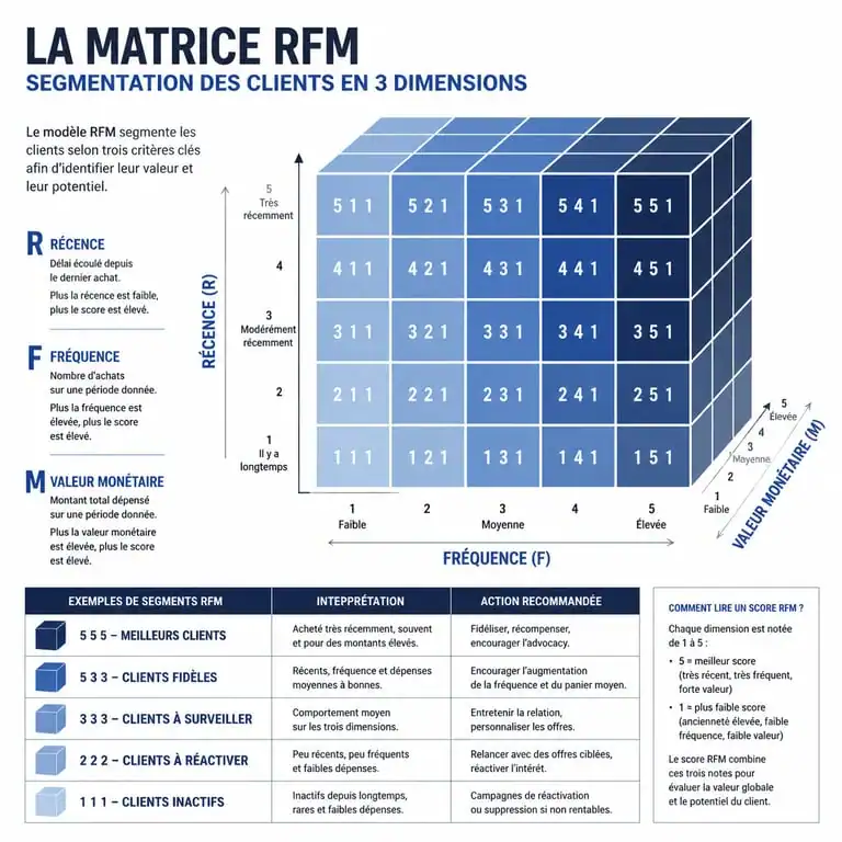 Infographie illustrant la matrice de scoring RFM pour la segmentation client