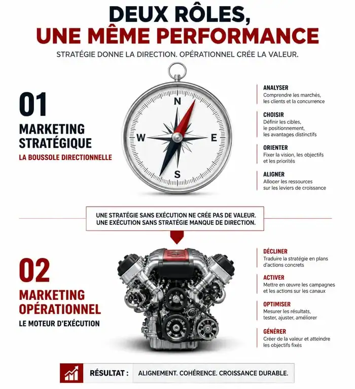 Schéma comparatif du marketing stratégique et opérationnel pour une stratégie d'entreprise performante