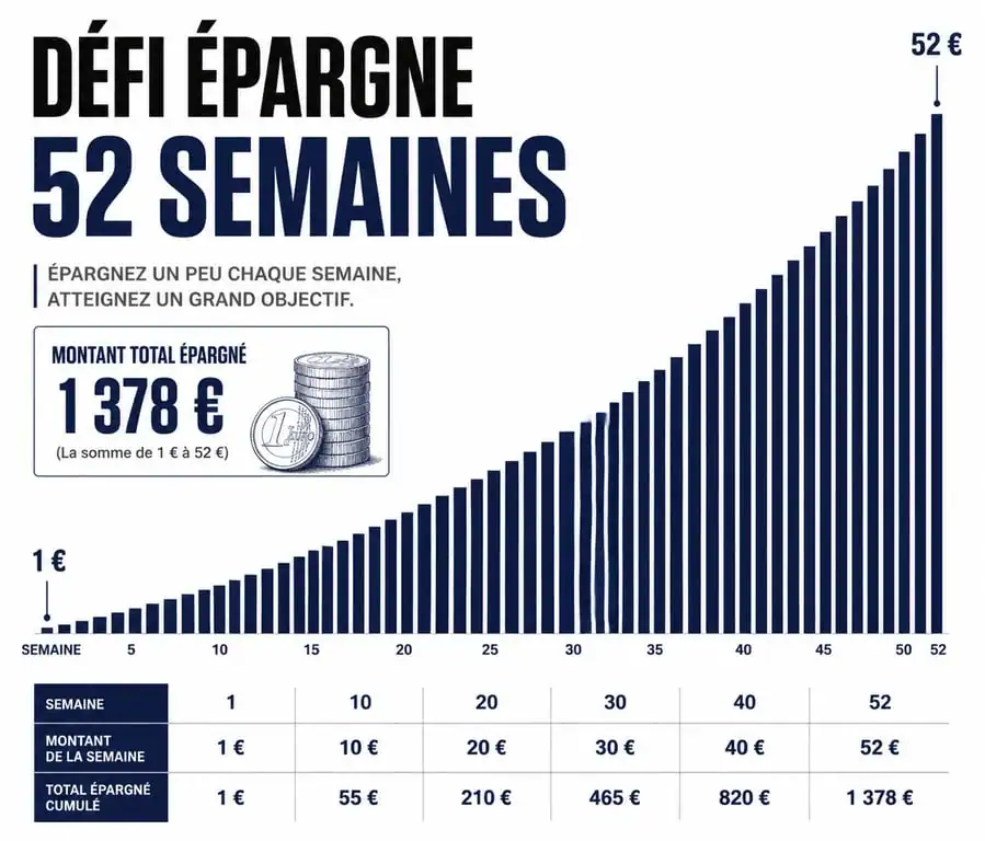 Infographie du défi économie 52 semaines montrant la progression de l'épargne