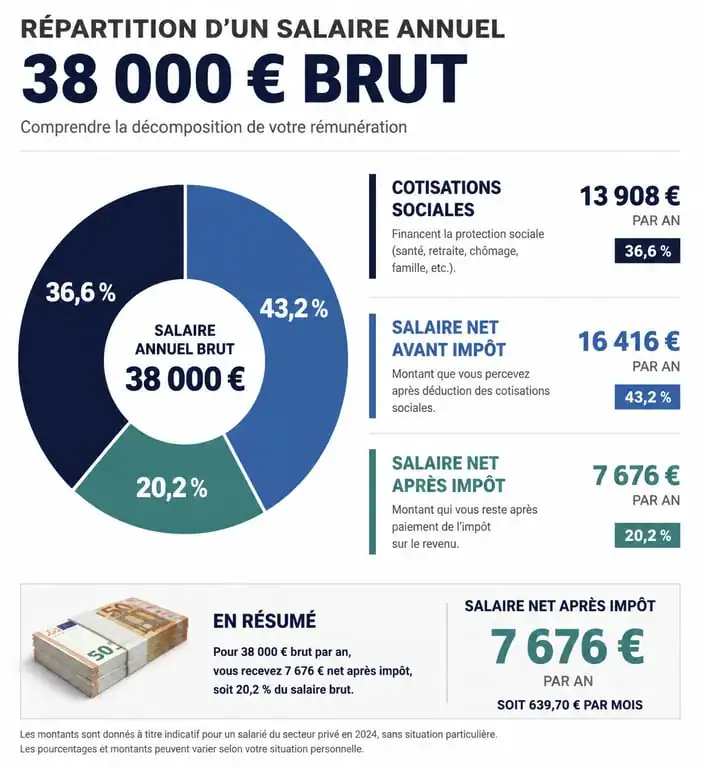Répartition d'un salaire de 38 000 euros brut en net