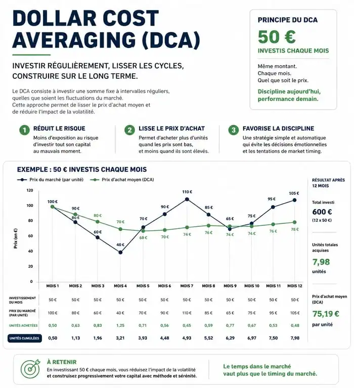 Infographie expliquant la stratégie d'investissement DCA pour investir en bourse avec un petit budget