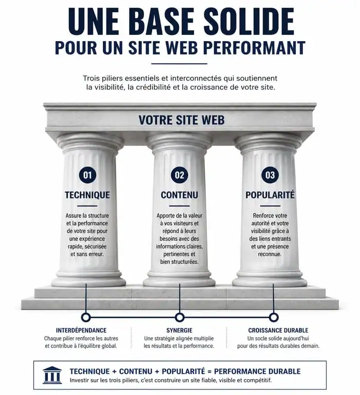 Infographie des trois piliers du SEO : technique, contenu et popularité pour améliorer le référencement naturel