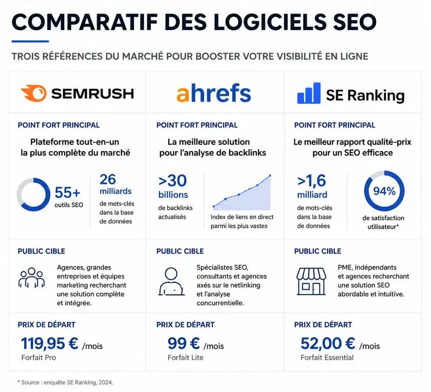 Infographie comparative des meilleurs logiciels SEO : Semrush, Ahrefs et SE Ranking pour choisir son outil de référencement.