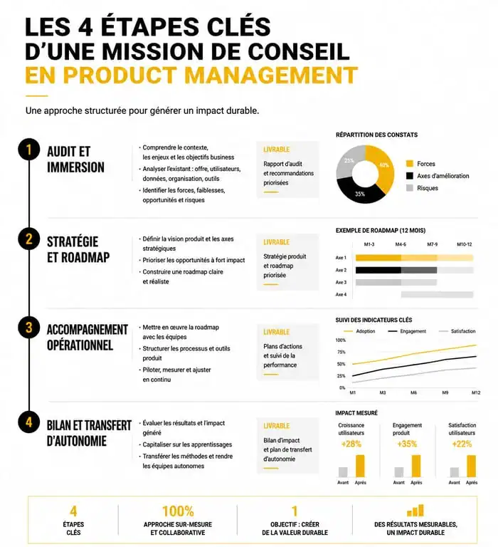 Infographie des 4 étapes d'une mission de conseil en product management pour réussir sa transformation produit