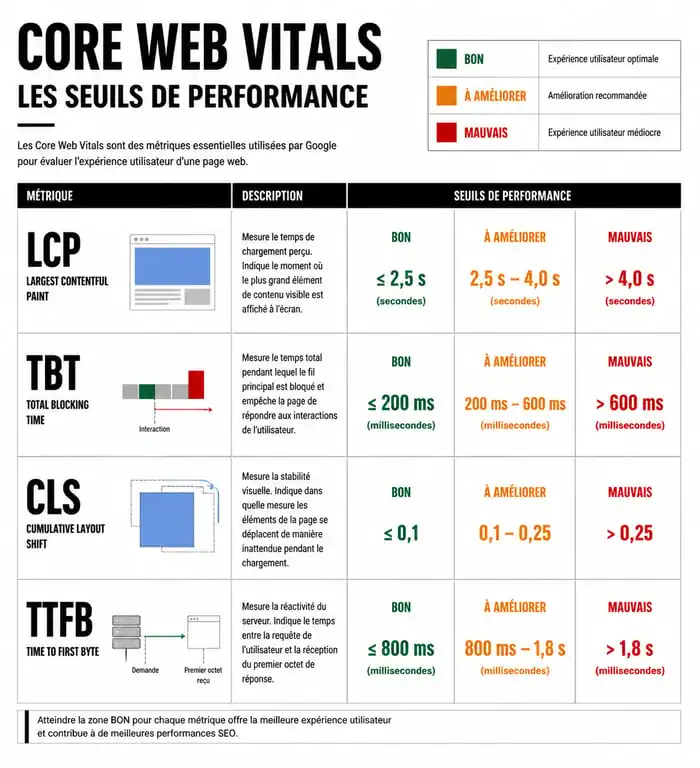 Infographie des seuils de performance web Core Web Vitals