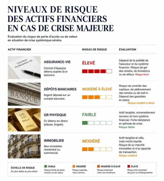 Infographie des niveaux de risque pour l'épargne en cas de guerre