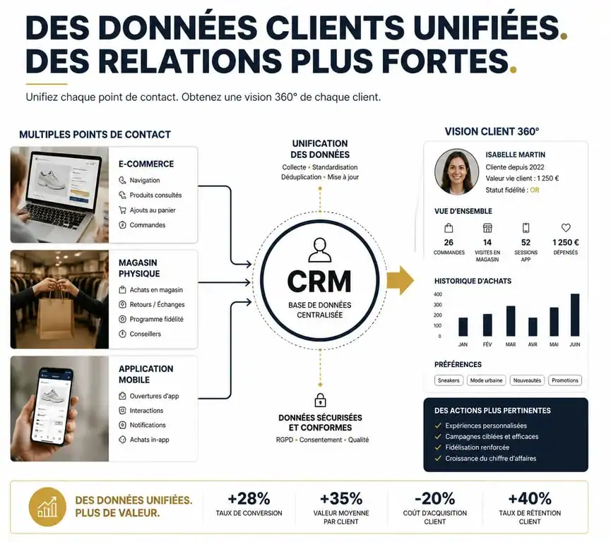 Schéma de fonctionnement d'un CRM grande distribution pour l'unification des données omnicanales