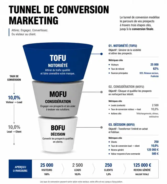 Infographie du tunnel de lead acquisition marketing : étapes TOFU, MOFU et BOFU pour convertir les prospects en clients.