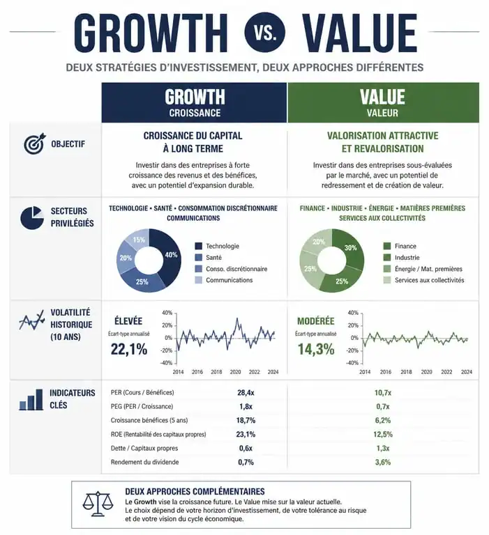 Comparatif des stratégies d'investissement boursier Growth et Value pour choisir la meilleure action en bourse