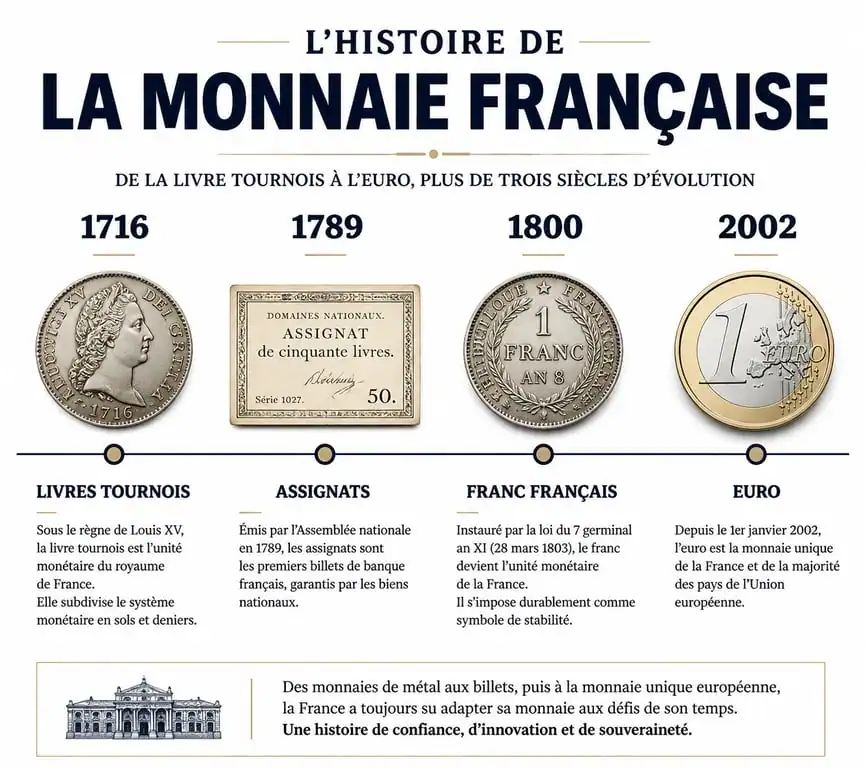 Frise chronologique de l'évolution du billet de banque en France, de la livre tournois à l'euro.