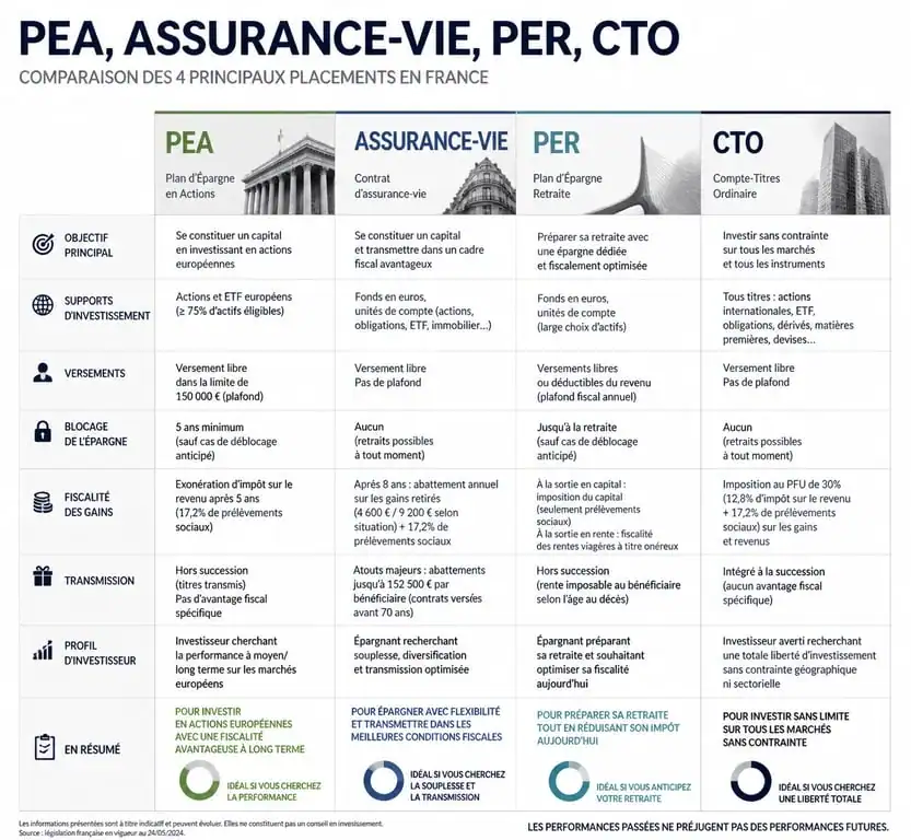 Comparaison des enveloppes fiscales pour investir pour les nuls : PEA, Assurance-Vie, PER et CTO