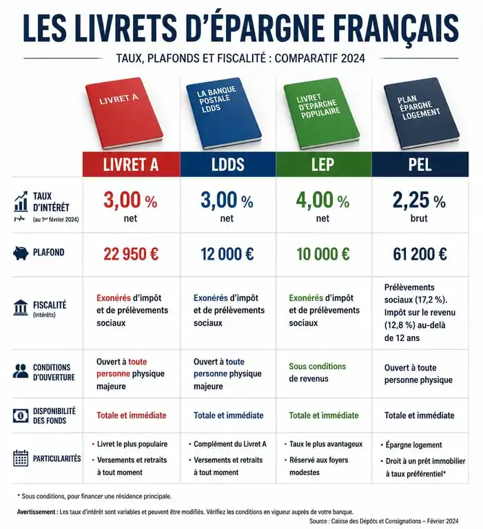 Comparatif des livrets d'épargne : taux, plafonds et fiscalité du Livret A, LDDS, LEP et PEL