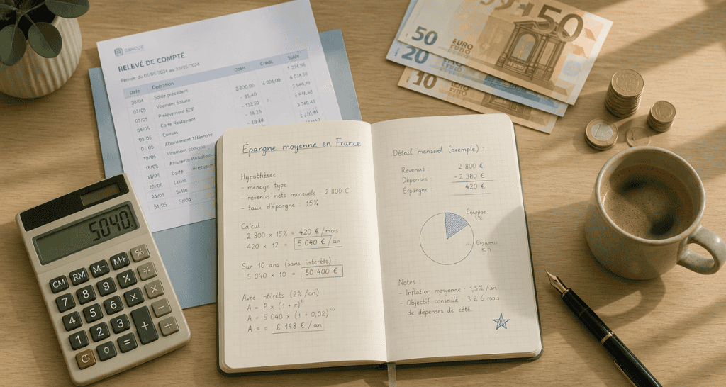 epargne moyenne en france calculs et argent sur table