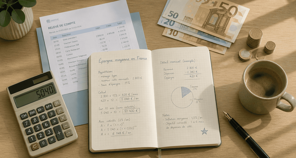 epargne moyenne en france calculs et argent sur table
