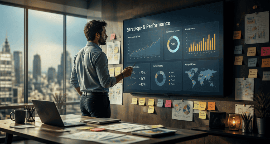 Expert en marketing devant tableau de bord digital