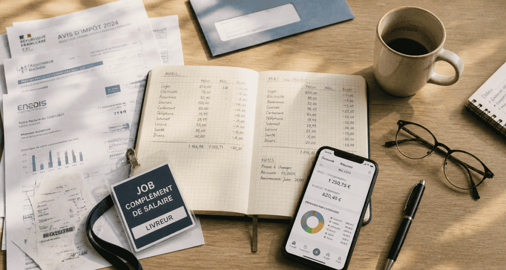 bureau avec badge job complément de salaire et gestion de budget