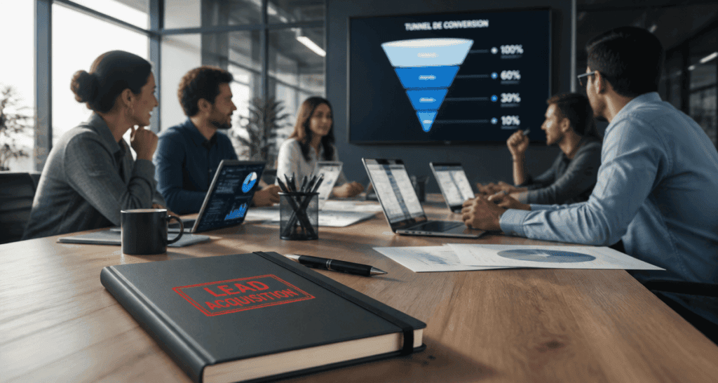Équipe en réunion lead acquisition marketing